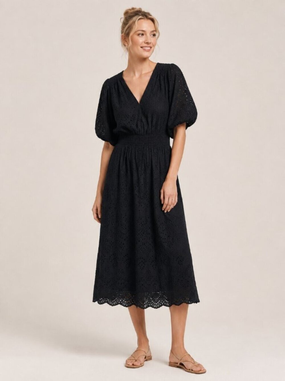 NWT White House Black Market Puff Sleeve Eyelet Midi Dress Black S #WHBM50
